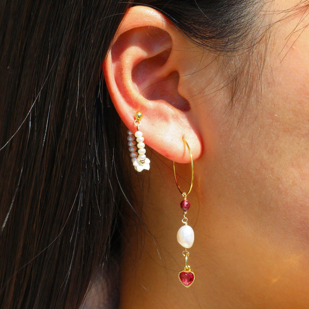 Garnet Heart Hoops Earrings