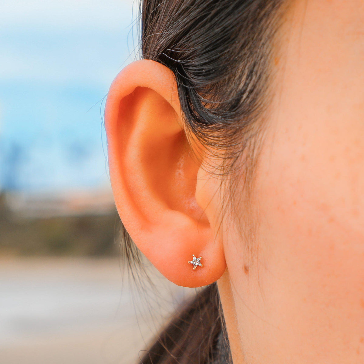 14K Solid Gold Diamond Star Single Ear Studs-Limited Edition-La Meno