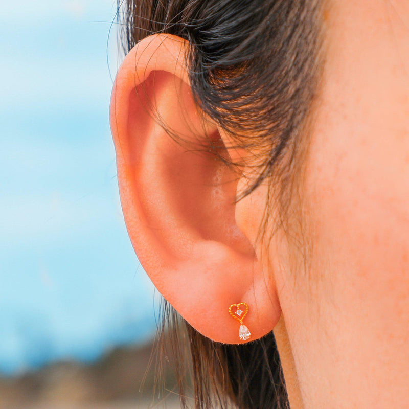 14K Solid Gold Mini Heart Drop Single Earring-Limited Edition-La Meno