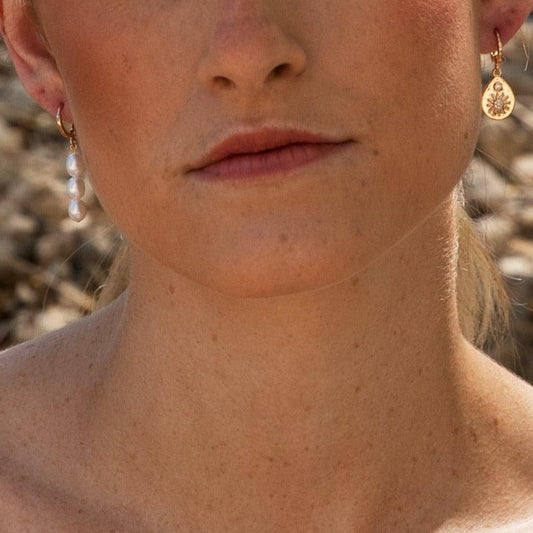 Asymmetrical Pearl & Sun Hoop Earrings