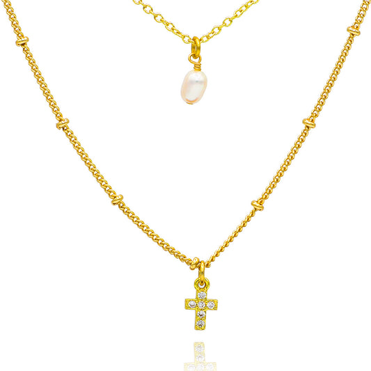 Pearl & Cross Double Layer Necklace