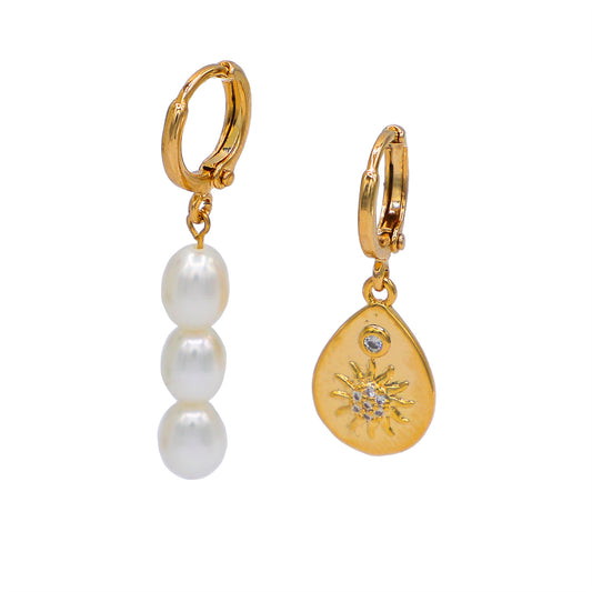 Asymmetrical Pearl & Sun Hoop Earrings