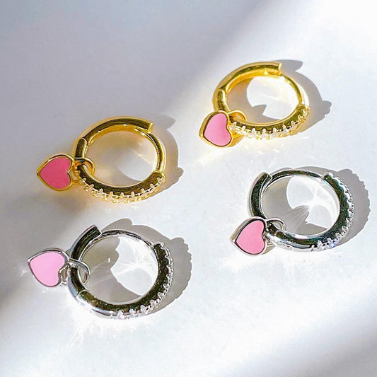 Heart Lock Huggie Earrings - Pink