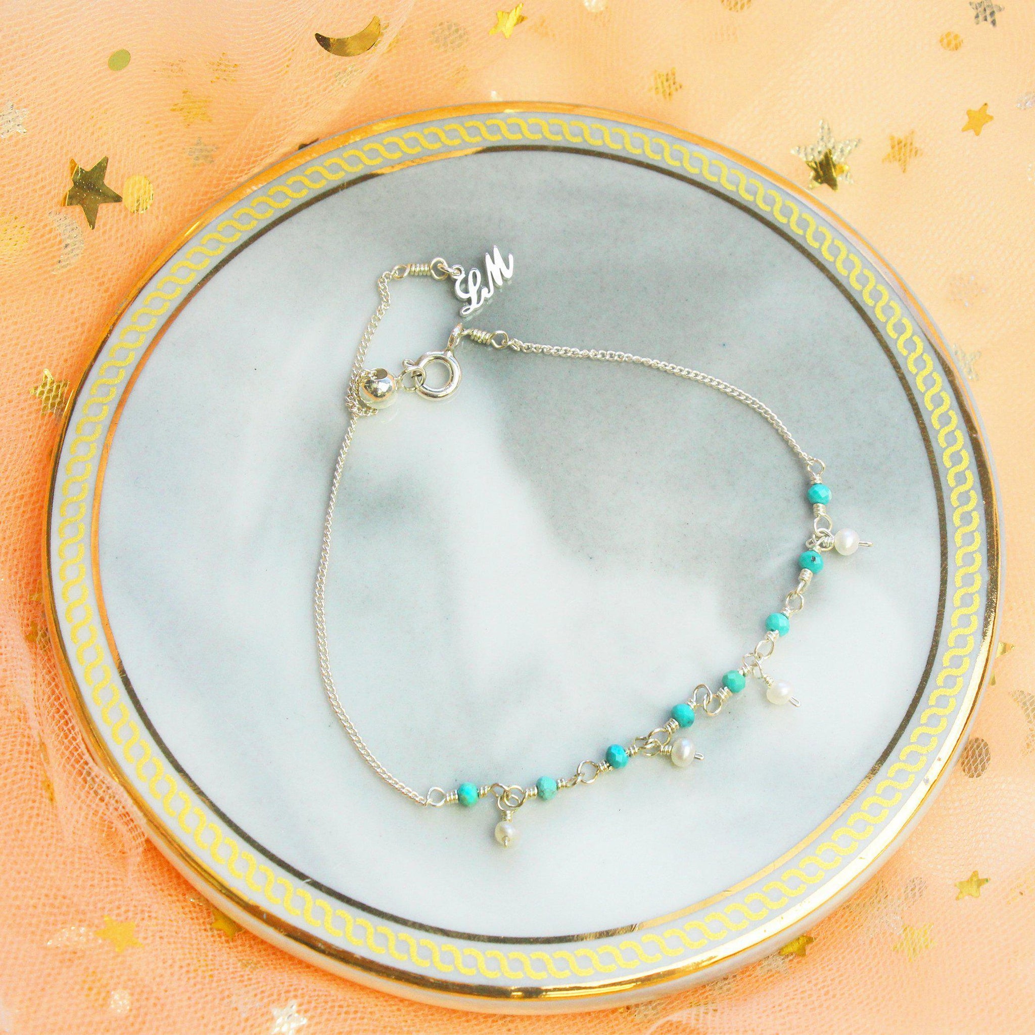Turquoise and Dropping Pearl Rain Bracelet-Adorn Bracelet-La Meno