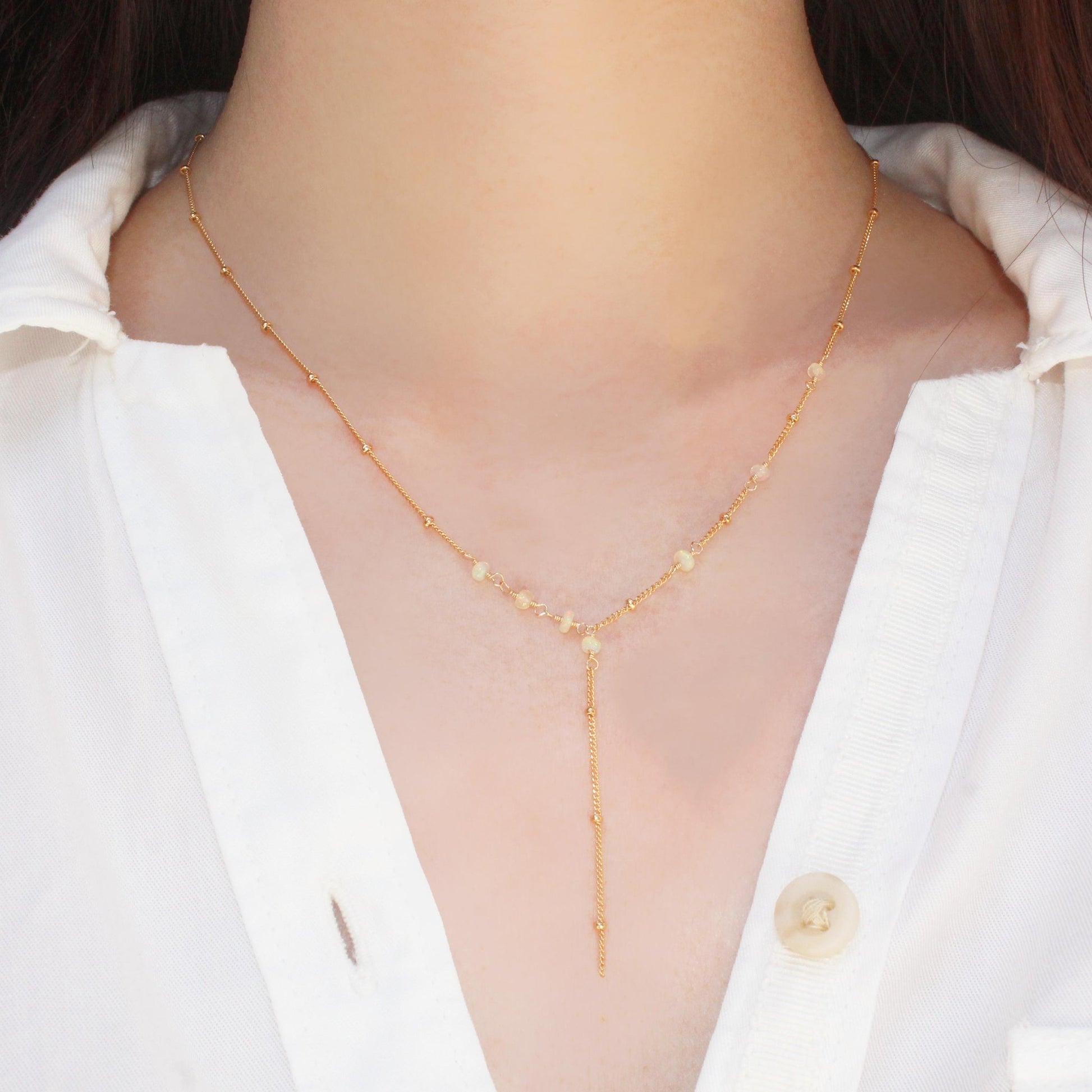 Y Shape Necklace: Asymmetric Fire Opal-Adorn Necklace-La Meno